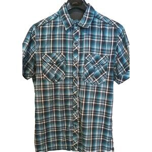 KUHL Eluxur Men's SMALL Blue Plaid Eluxur Shirt Hiking Short Sleeve Pearl Snap